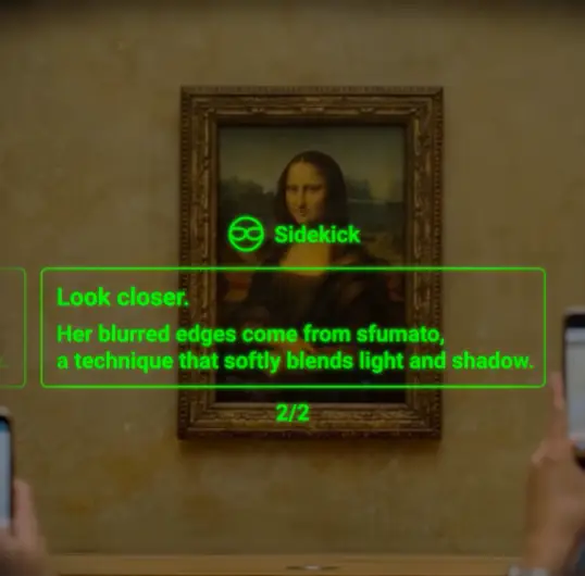 A Renaissance portrait in a gilded frame, with a green in-lens note about the painting.