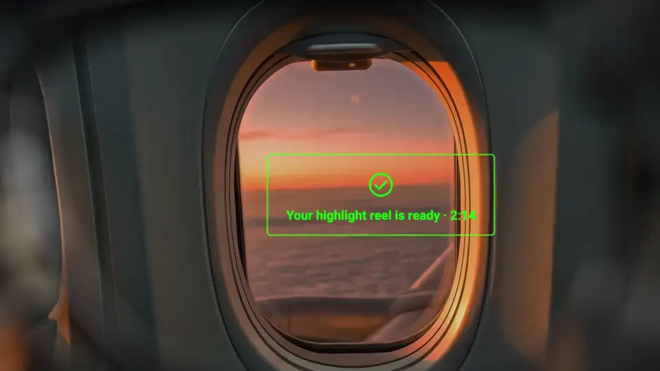 A plane window at sunset above the clouds, with a green notice that the highlight reel is ready.