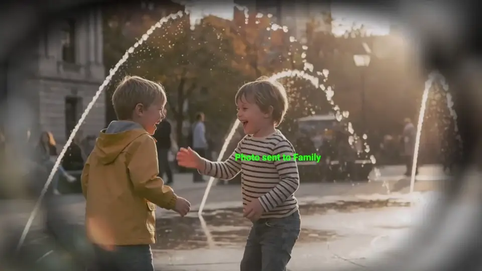 Two children laughing by a fountain in late-afternoon light.