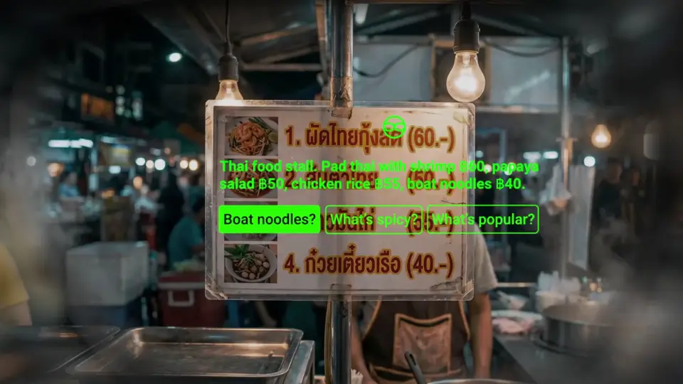 A Thai street-food menu board at night, with the in-lens translation overlaid in green.