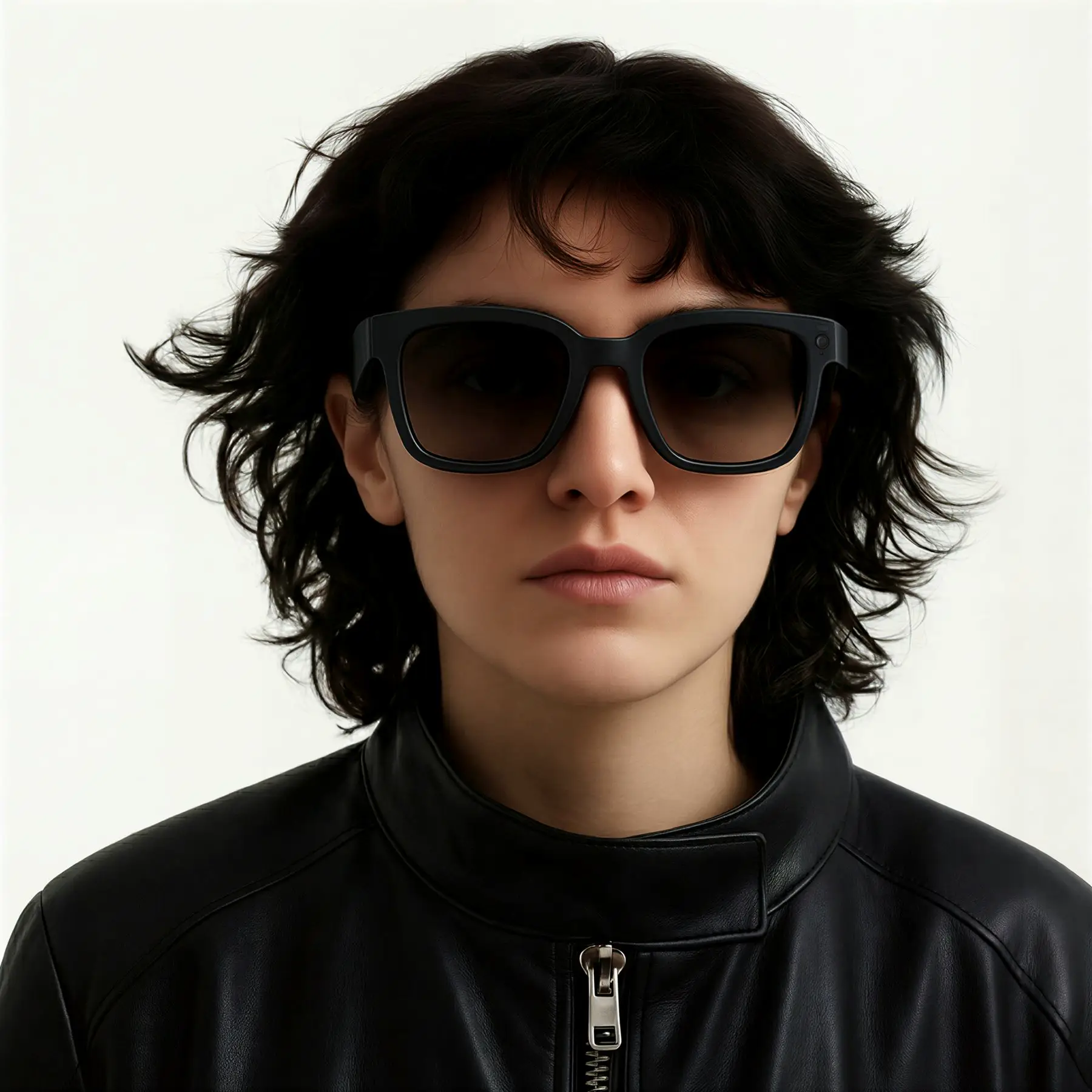 Front-on portrait of a person wearing the glasses against an ivory background.